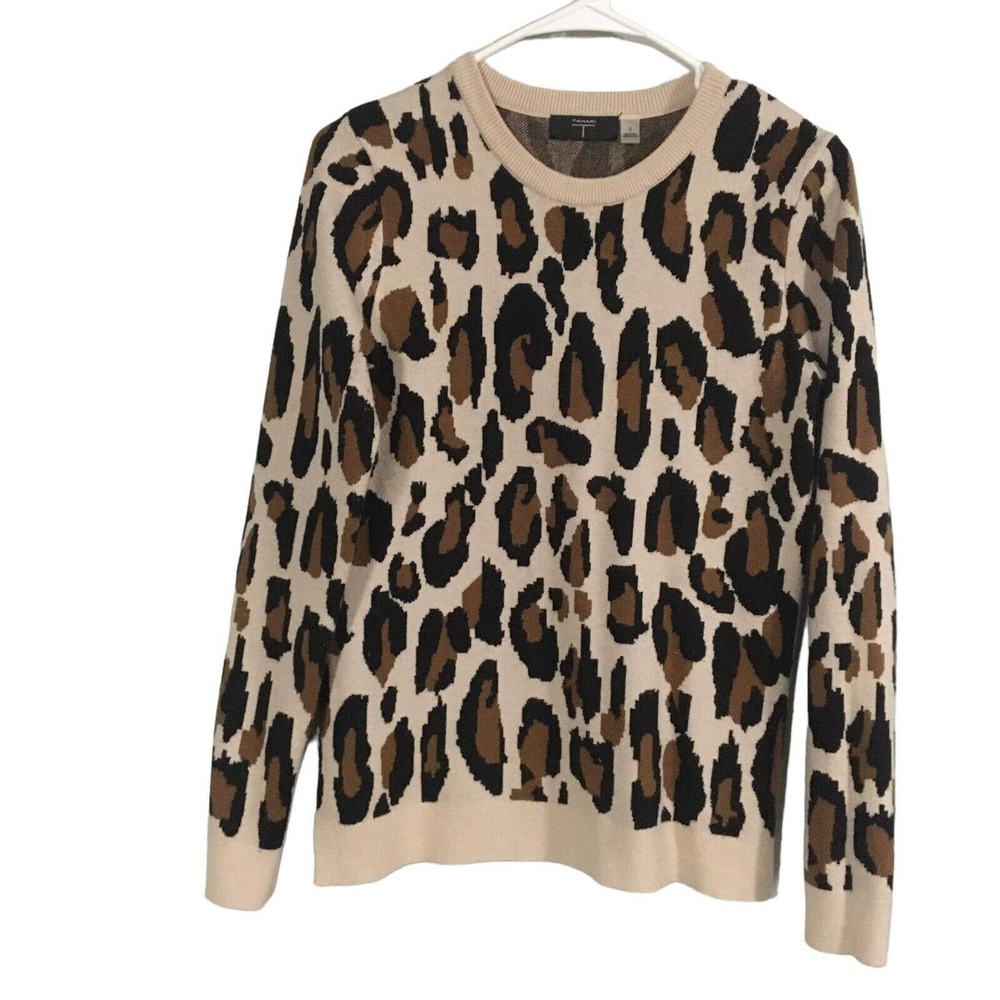 Tahari Women's Sweater Small Brown Beige Animal Print Round Neck Long Sleeve